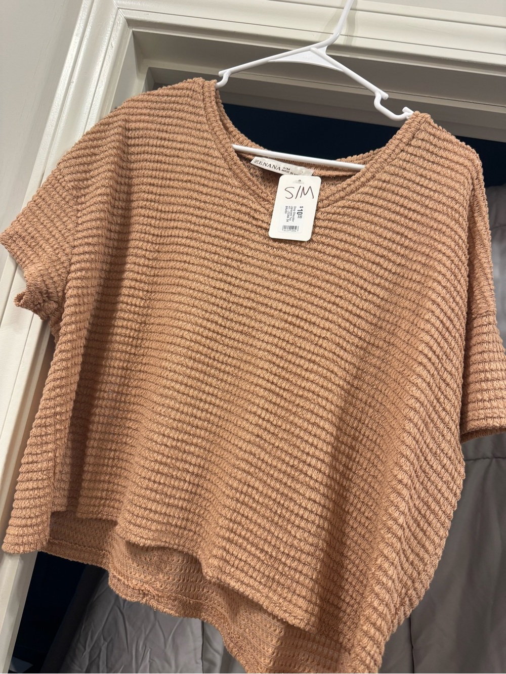 Zenana Outfitters Short Sleeve Waffle Knit Top - Light Brown